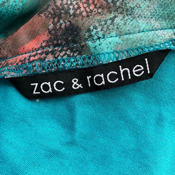 Zac & Rachel teal abstract animal print flowy blouse, sz S, artsy, banded waist - Picture 5 of 10